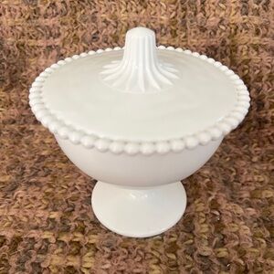 Vintage, White Milk Glass Lidded Candy Dish With Beaded Edge Pedestal Design